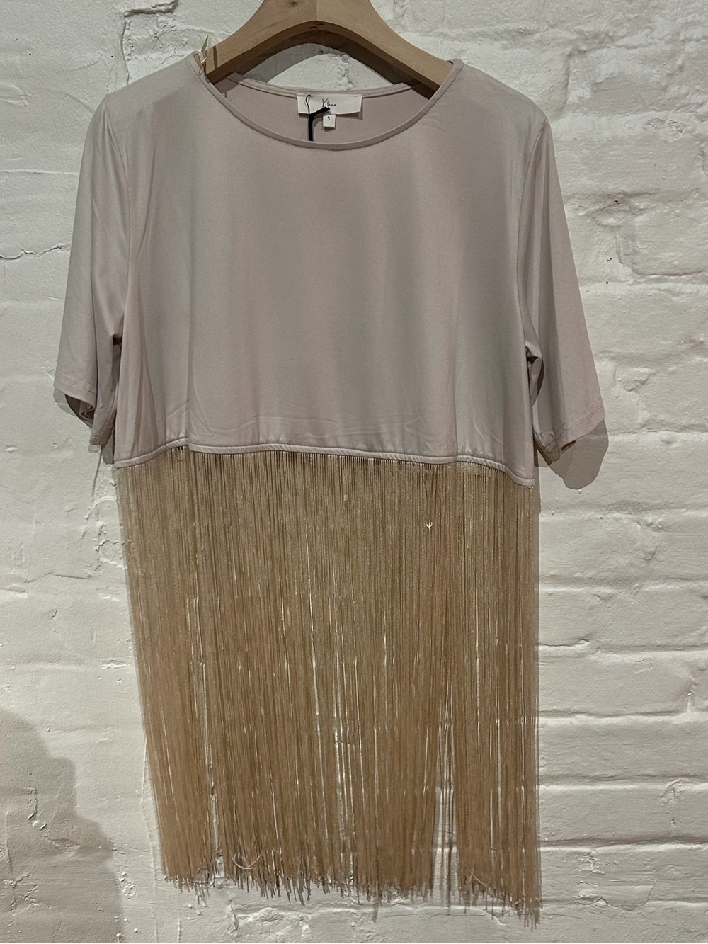 Fringe-Hem Short Sleeve Tee in Light Beige - Sophisticated Fringe Detail
